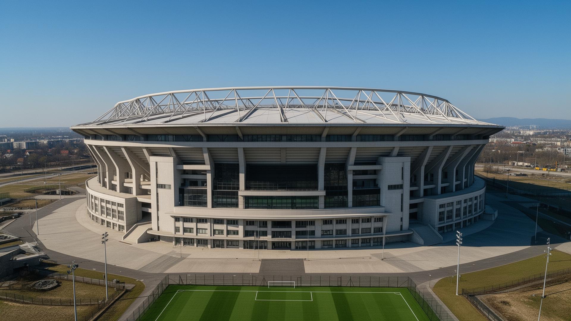 FIFA World Cup stadium exterior under clear daylight